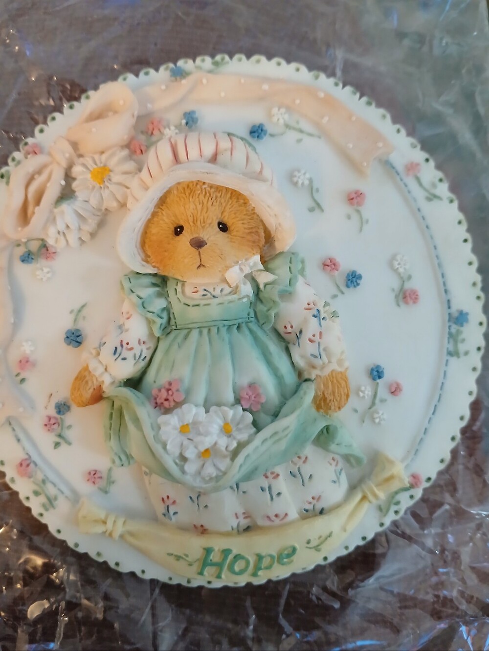 Cherished Teddies Hope Bear Plaque - Mint Green, Cream, Pink Vintage Collectable